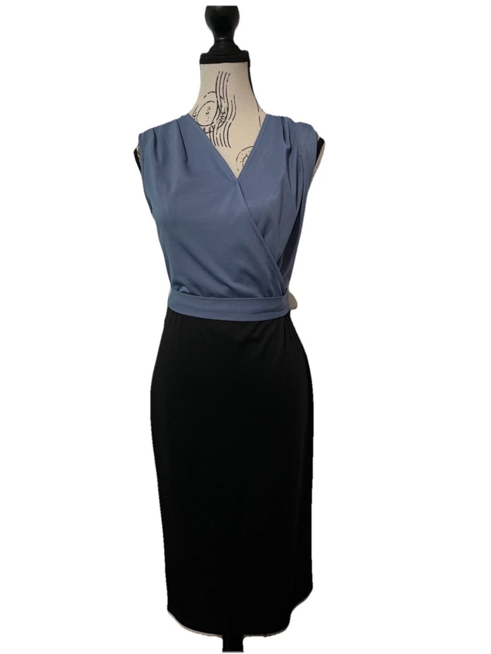 Jasambac Blue Black Colorblock Belted Wrap Midi Dress Sleeveless Sheath Medium